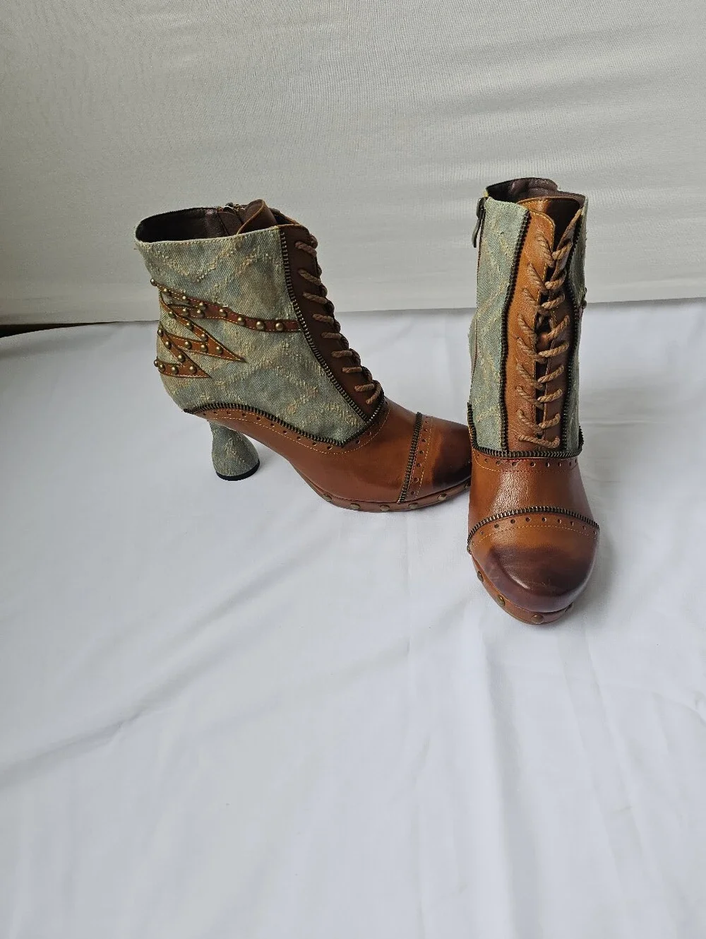 Steampunk Leather and Denim Ankle Boots with Zipper and Stud Details - Size 40